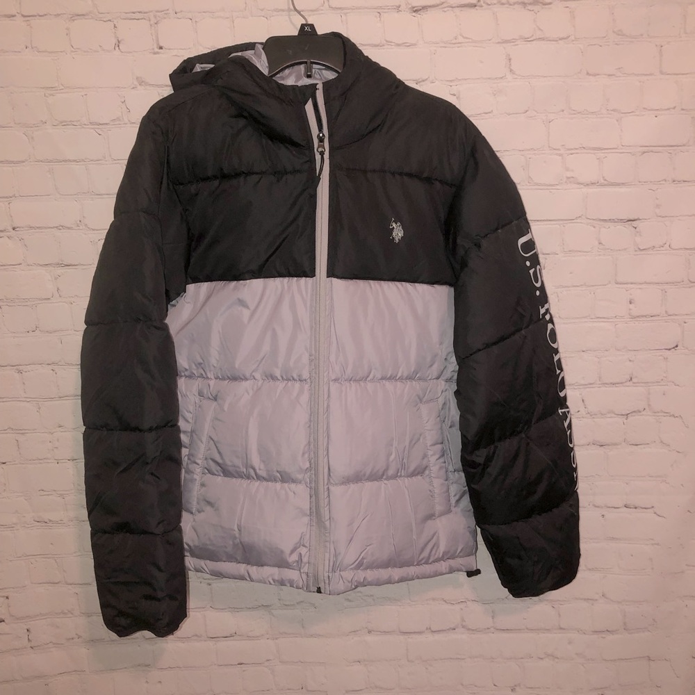 US POLO ASSN WINTER HOODED ZIP UP JACKET GRAY BLUE PUFFER ZIP UP SZ SM